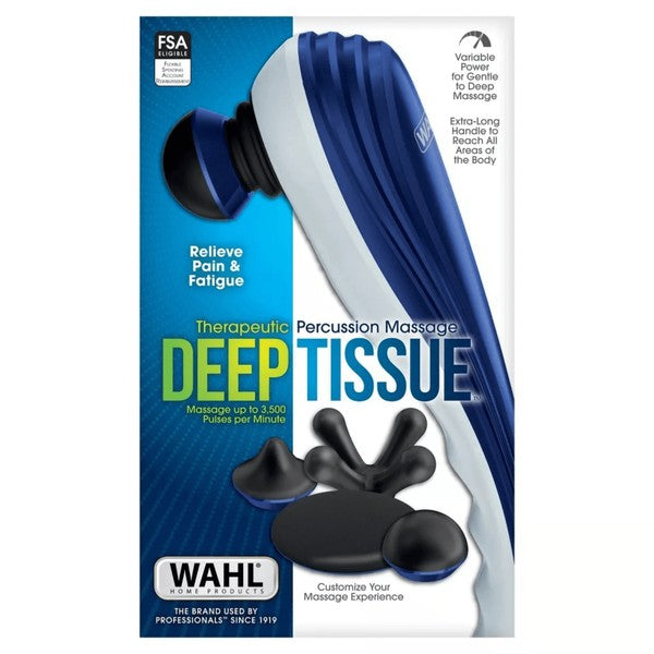 Wahl deep tissue percussion massager with variable speed control, 4 interchangeable heads, long handle and ergonomic design