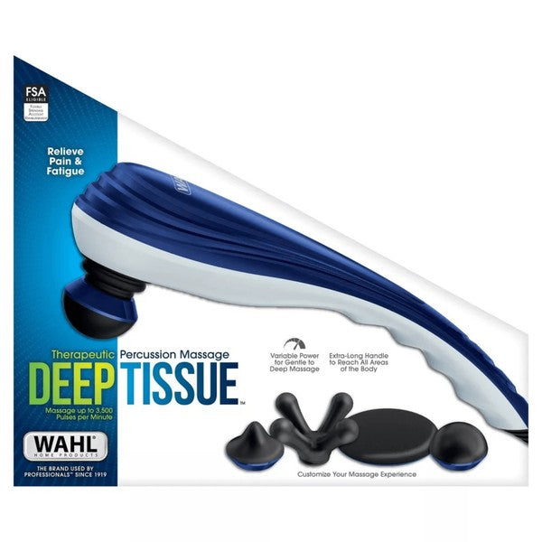 Wahl deep tissue percussion massager with variable speed control, 4 interchangeable heads, long handle and ergonomic design