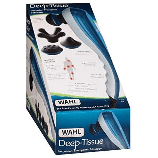 Wahl deep tissue percussion massager with variable speed control, 4 interchangeable heads, long handle and ergonomic design