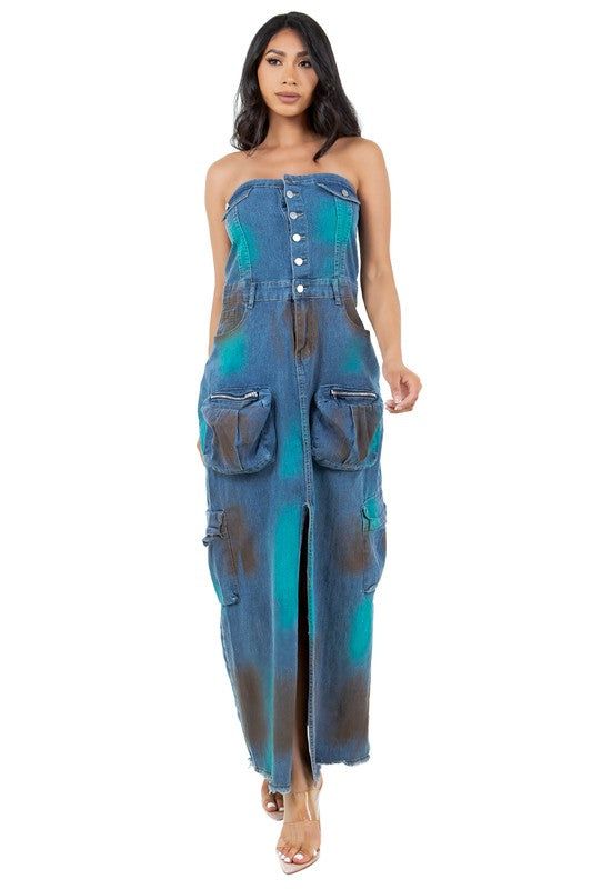 Women’s strapless denim maxi dress with button-front closure, front slit, and oversized utility pockets.