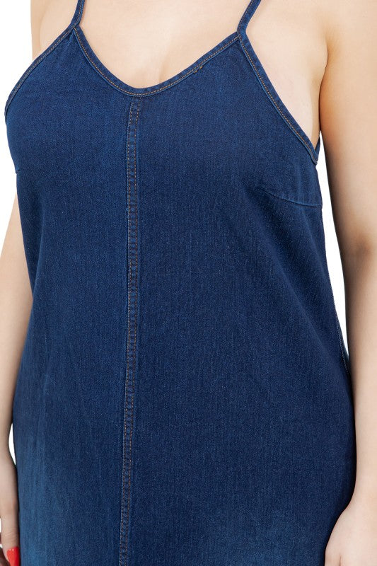 Deep blue denim wash dress,straight cut that skims the body without being tight with front pockets.