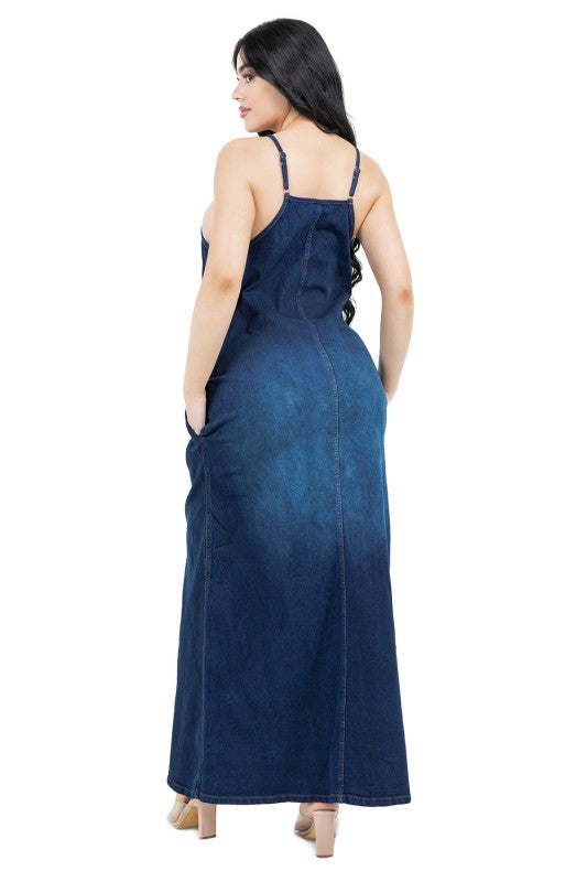 Deep blue denim wash dress,straight cut that skims the body without being tight with front pockets.