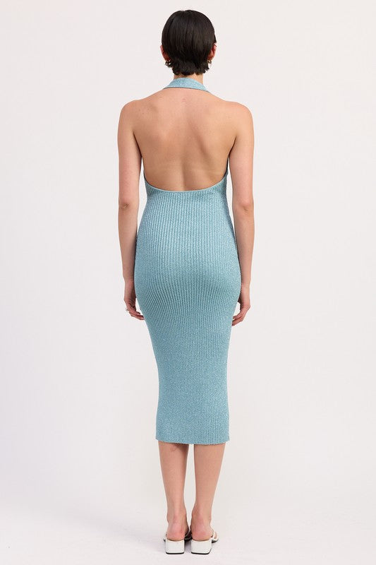 Women's ribbed knit midi dress with halter neck, V-neckline, and bodycon fit for summer.