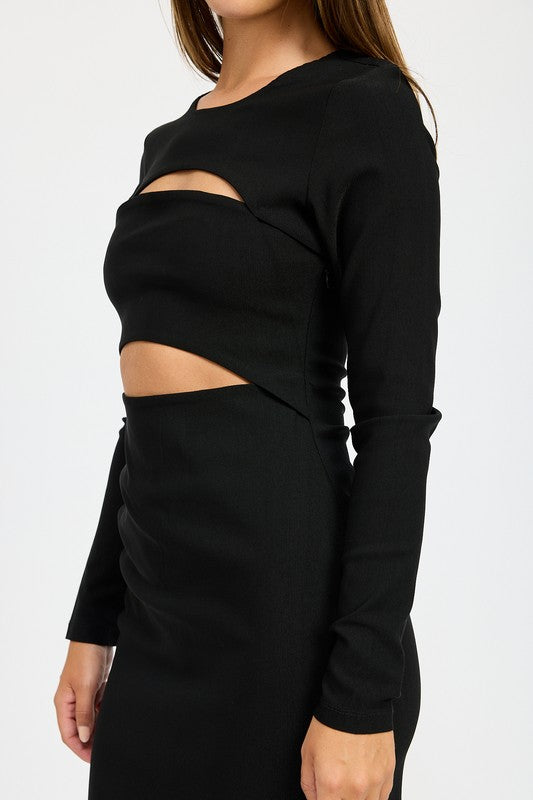 Women's long sleeve midi dress with cut out detail at the bust, fitted style perfect for evenings.