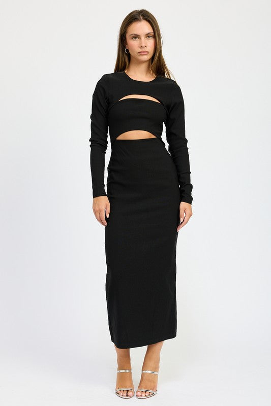 Women's long sleeve midi dress with cut out detail at the bust, fitted style perfect for evenings.