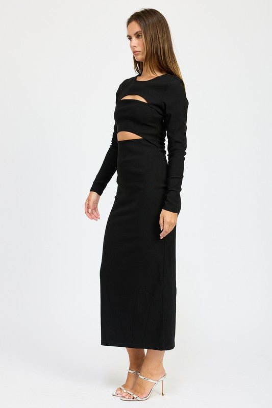 Women's long sleeve midi dress with cut out detail at the bust, fitted style perfect for evenings.