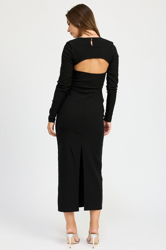 Women's long sleeve midi dress with cut out detail at the bust, fitted style perfect for evenings.