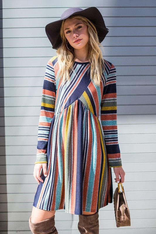 Women's long sleeve knit dress with multi-stripe pattern, A-line skirt, and empire waist.