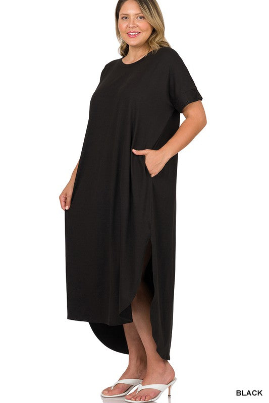 A loose, knee- to ankle-length royal black dress with short sleeves and a side slit.