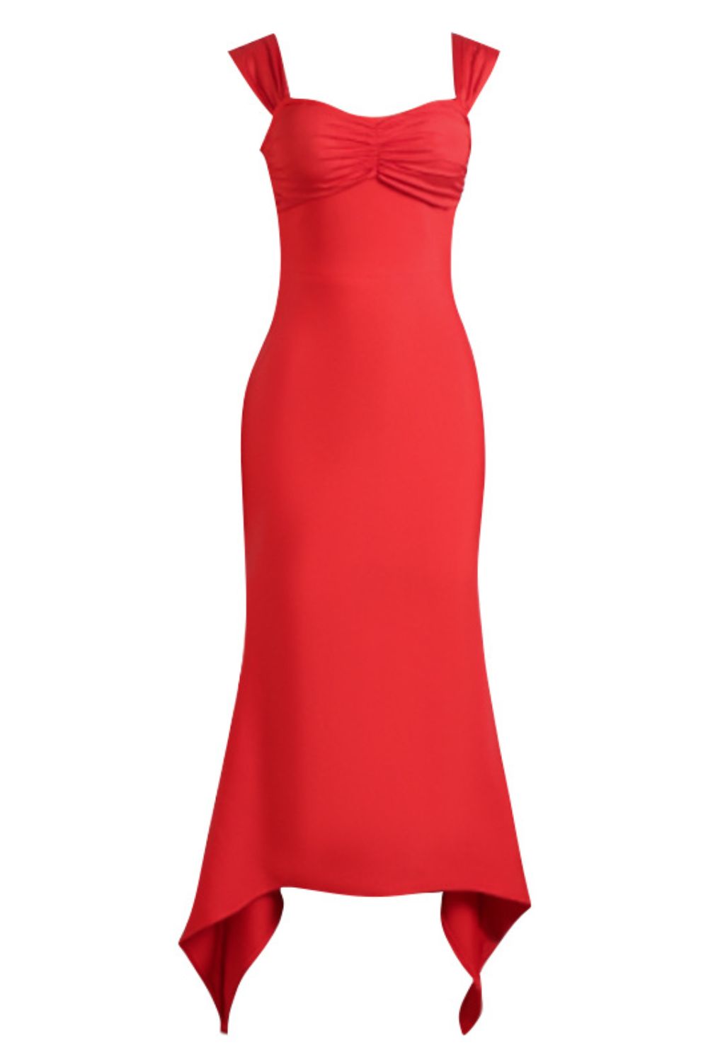 A form-fitting, sleeveless red dress with a sweetheart neckline that hugs the figure and falls to a subtle, asymmetric hemline, creating an elegant and sexy silhouette.