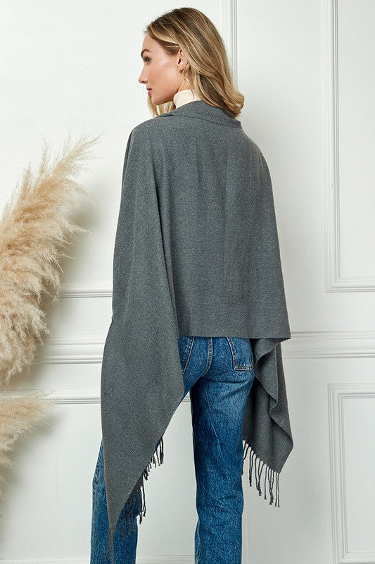 SOLID COLOR THICK SOFT SCARVES PANCHO WITH TASSEL