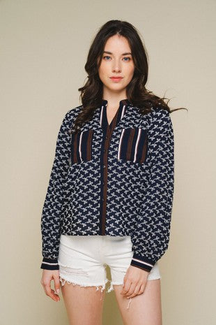 Eyelet embroidery button-down blouse with contrast