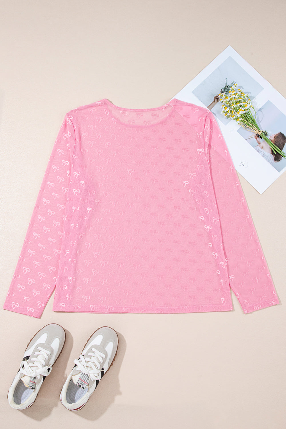 Pink Plus Size Bow Embroidered Mesh Long Sleeve Top
