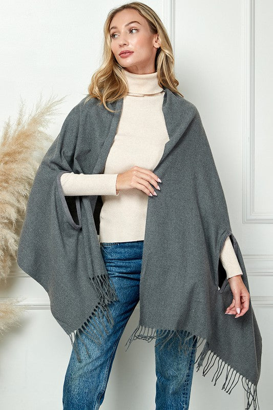 SOLID COLOR THICK SOFT SCARVES PANCHO WITH TASSEL