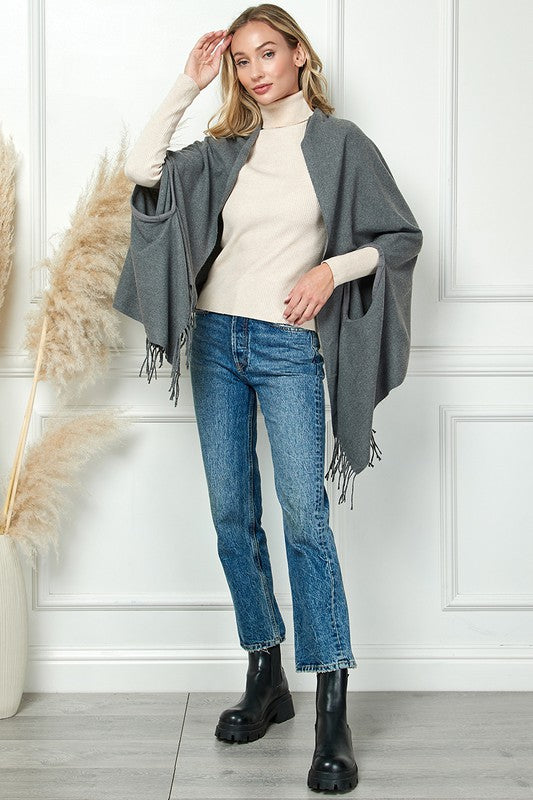 SOLID COLOR THICK SOFT SCARVES PANCHO WITH TASSEL