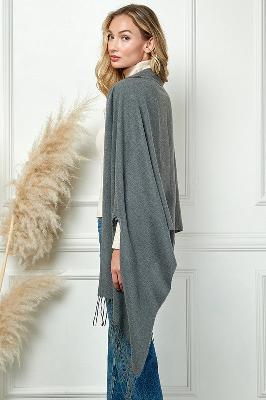 SOLID COLOR THICK SOFT SCARVES PANCHO WITH TASSEL