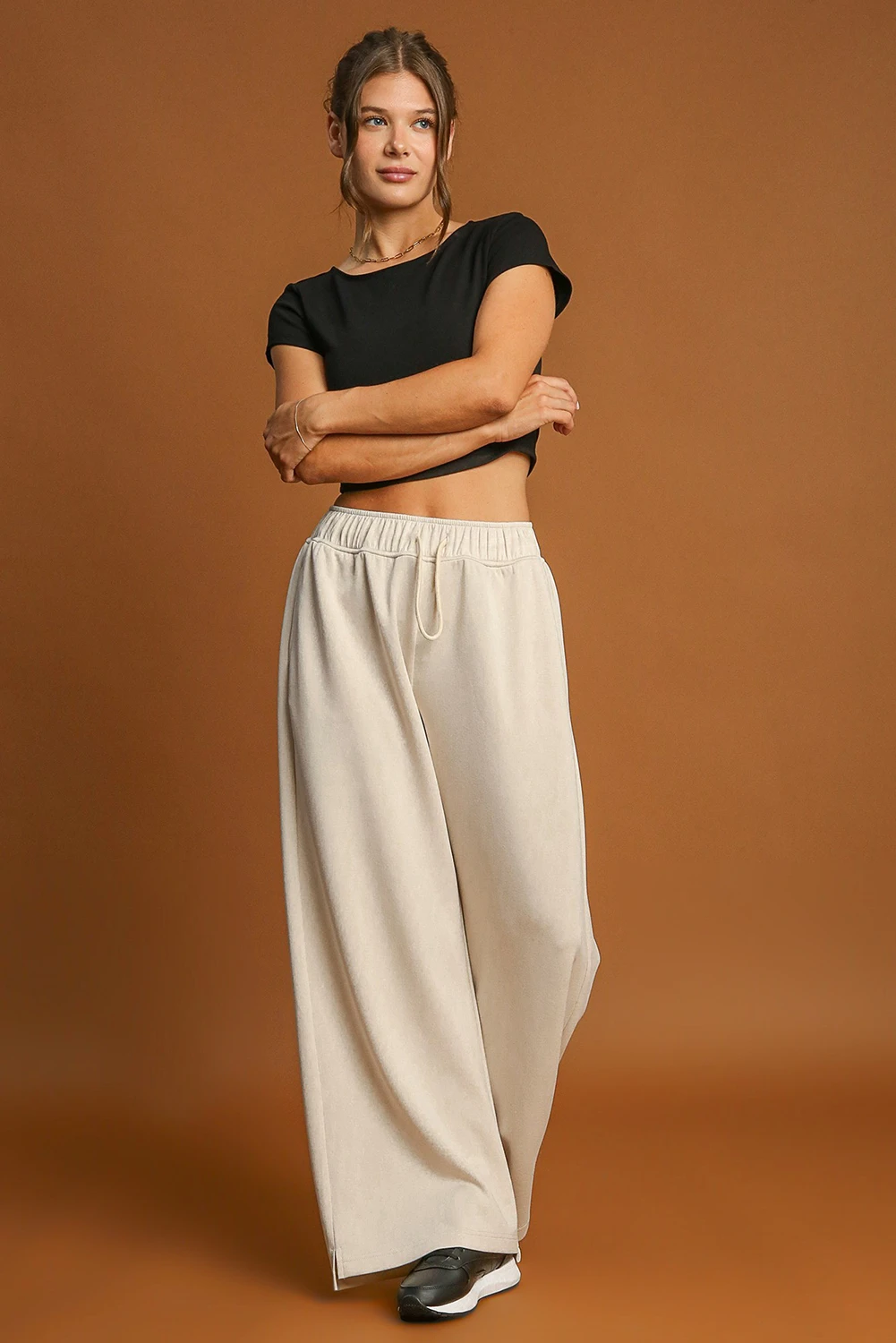 Apricot Loop Drawstring Elastic Waistband Casual Wide Leg Pants