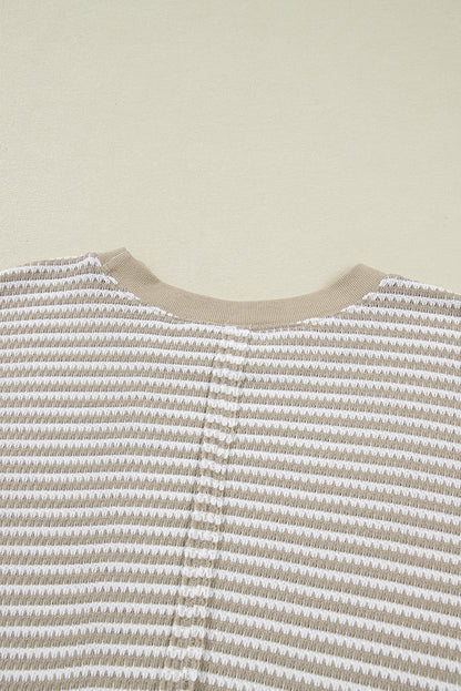 Brown Stripe Plus Size Breathable Knit Ribbed Trim Long Sleeve Top