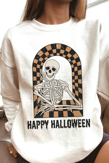 Checker Skeleton Happy Halloween Graphic Crewneck