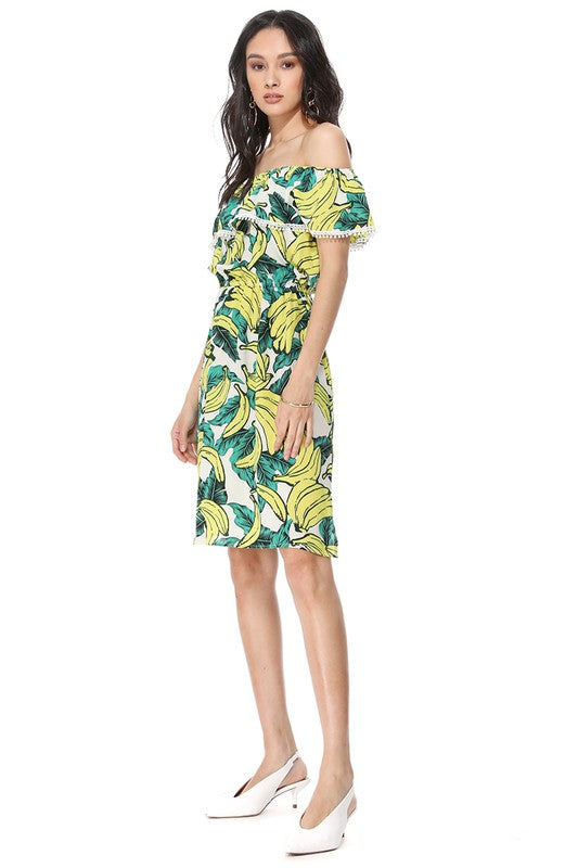 Tropical Off Shoulder Print Dress