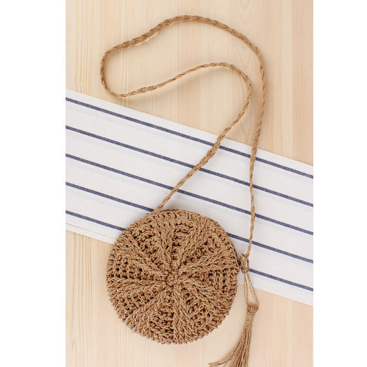 Simple round Tassel Women Crossbody Straw Bag Handmade Shoulder Woven Bag Summer Beach Bag