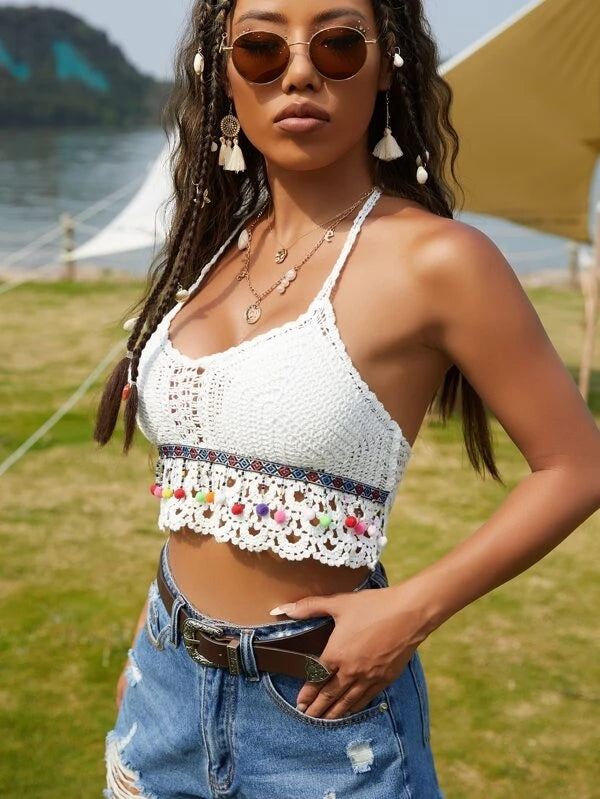 Women Summer Crop Sexy Solid Crochet Fringe Tie Halter Camis Crochet hook