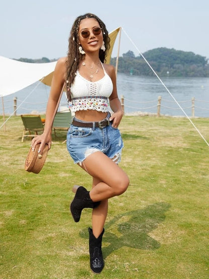 Women Summer Crop Sexy Solid Crochet Fringe Tie Halter Camis Crochet hook
