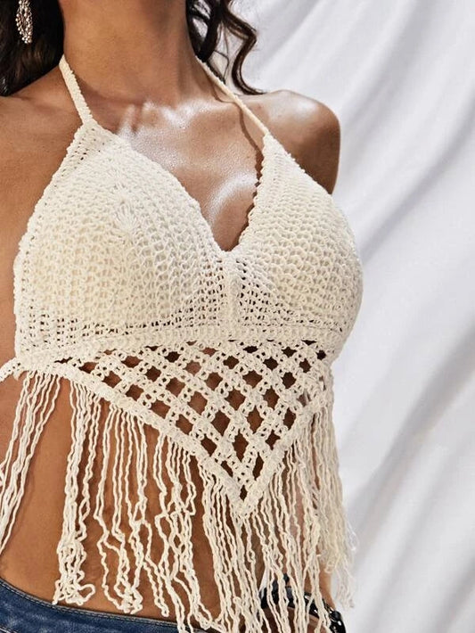Women Summer Vacation Solid Crochet Fringe Sexy Halter Top Crochet hook