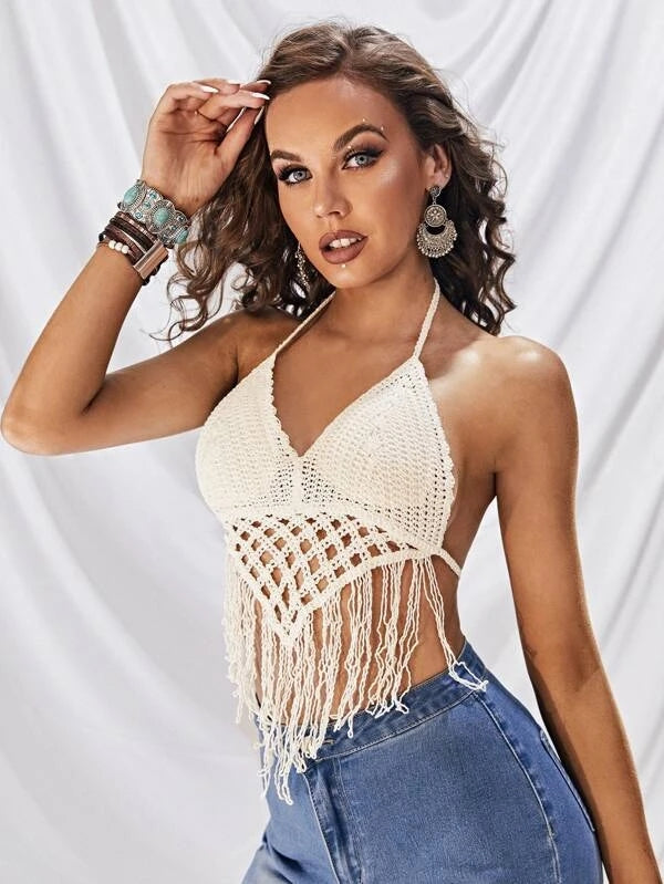 Women Summer Vacation Solid Crochet Fringe Sexy Halter Top Crochet hook