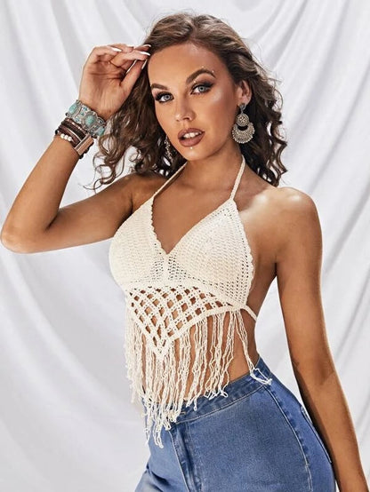 Women Summer Vacation Solid Crochet Fringe Sexy Halter Top Crochet hook