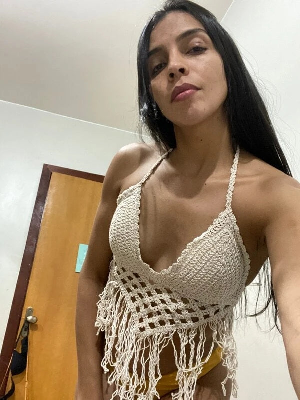 Women Summer Vacation Solid Crochet Fringe Sexy Halter Top Crochet hook