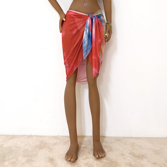 Women Shawl Women Clothing Gradient Color Tie Dye Print Irregular Asymmetric Strap Beach Skirt