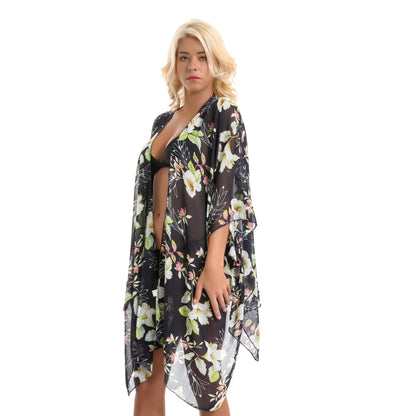 Elegant Lily Pattern Chiffon Beach Sun Protection Beach Cover Up Cardigan