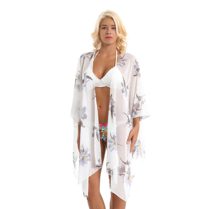 Simple Orchid Printing Vacation Beach Bikini Cardigan Chiffon Sunscreen Jacket