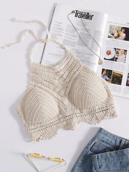 Women Summer Vacation Crochet Cut Out V Shaped Symmetrical Pattern Strap Shackle Top Crochet hook