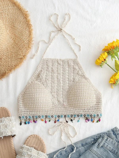 Women Summer Vacation Crochet Hollow Colorful Streamed Bead Sling Neck Strap Top Crochet hook