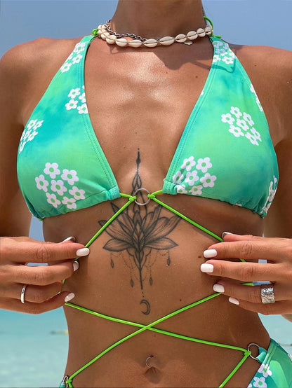 Bikinx Floral Print Criss Cross Halter Bikini Swimsuit Crisscross