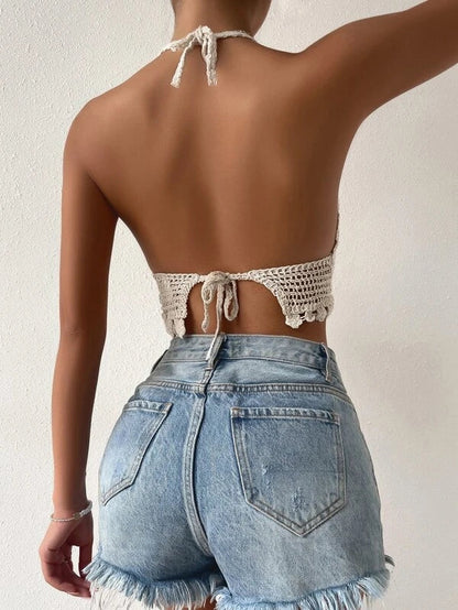 Women New Summer Crocheted Hollow Solid Color Sling Back Strap Top Crochet hook