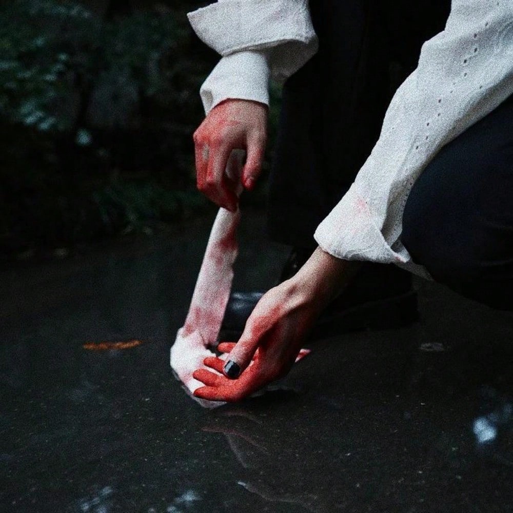 A person crouches near a reflective surface, holding a red-streaked cloth with red-stained hands, in a dark, moody outdoor setting.