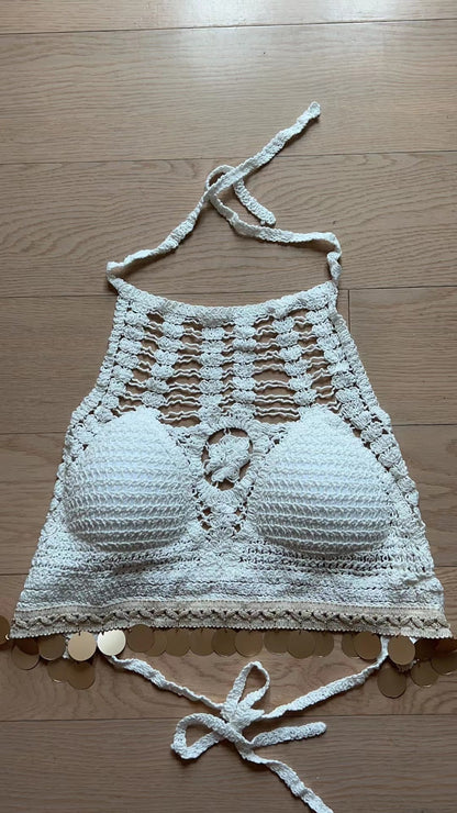 Women Summer Bright Leaf Crocheted Hollow Sling Rear Strap Top Crochet hook