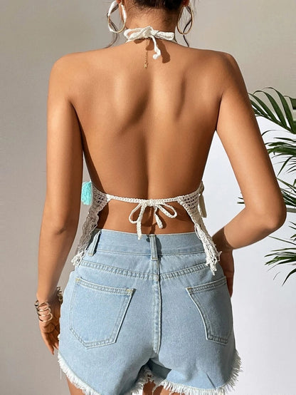 Women Summer Tassel Crocheted Hollow Sling Rear Strap Top Crochet hook