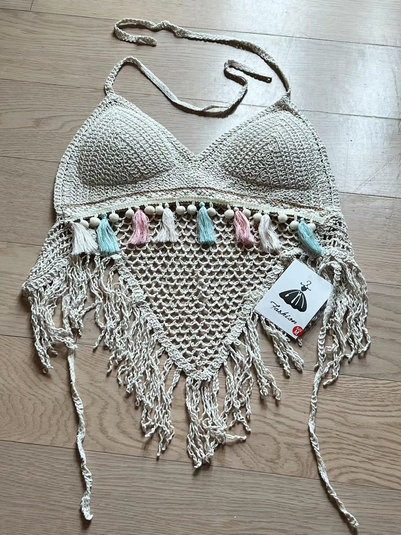 Women Summer Tassel Crocheted Hollow Sling Rear Strap Top Crochet hook