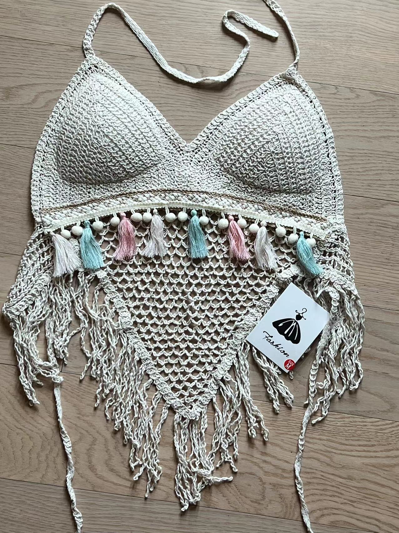 Women Summer Tassel Crocheted Hollow Sling Rear Strap Top Crochet hook