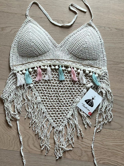 Women Summer Tassel Crocheted Hollow Sling Rear Strap Top Crochet hook