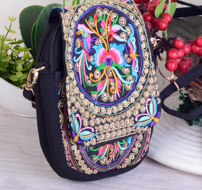 Yunnan National Embroidery Bag Embroidered Canvas Mobile Phone Bag Three-layer Coin Purse Women's Small Crossbody Bag