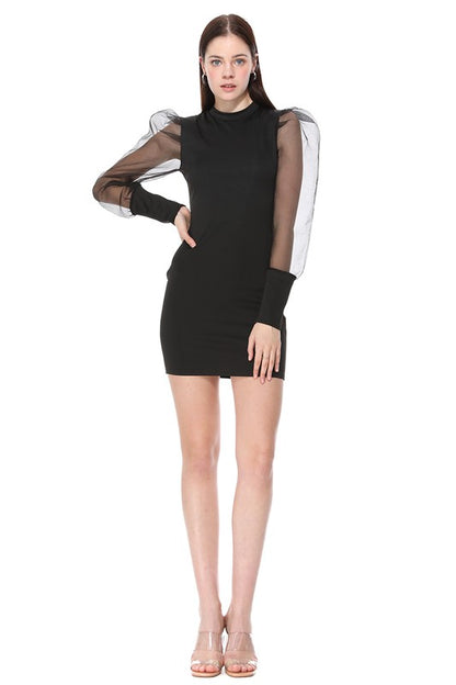 See-through Mesh Bubble Sleeve Bodycon Dress