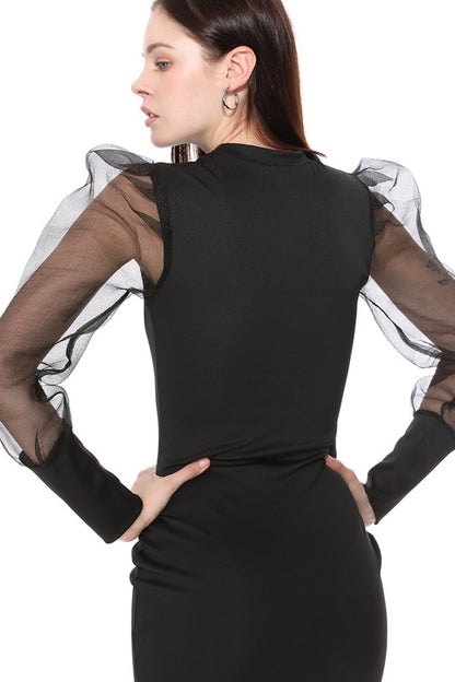 See-through Mesh Bubble Sleeve Bodycon Dress