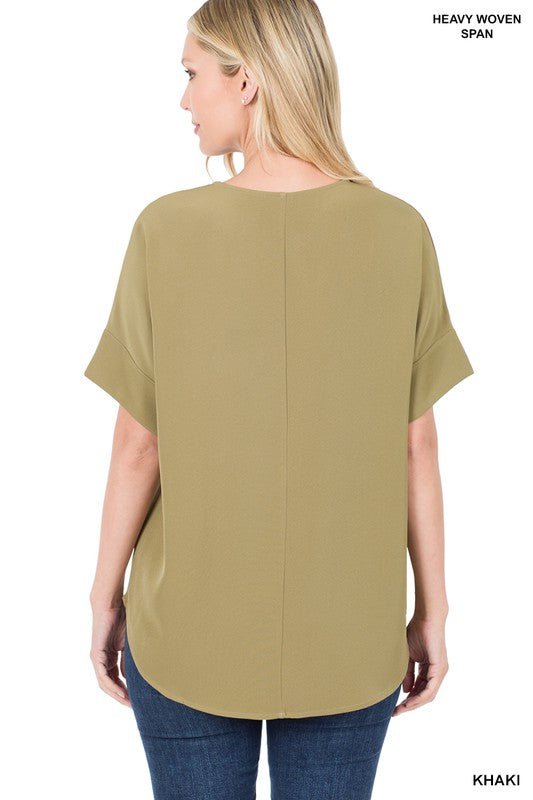 HEAVY WOVEN SPAN SPLIT NECK SHORT SLEEVE TOP