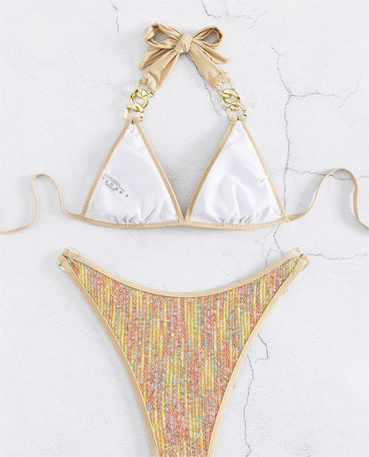 Women Swimsuit Bikini Sexy Sequined Lace Up Gold Bikini Swimsuit