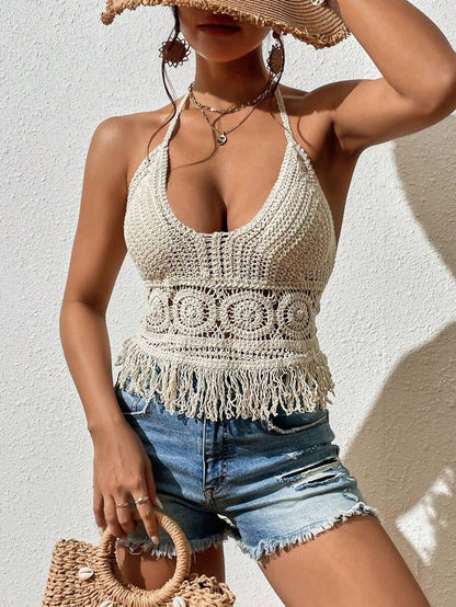 Women Solid Color Vacation Summer Short Tie Top Crochet hook